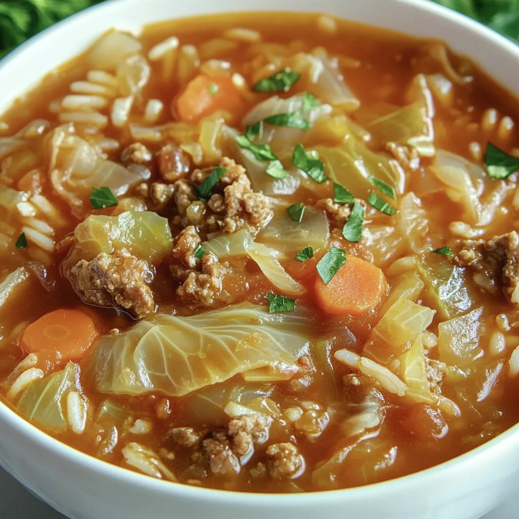 A bowl of cabbage roll soup.