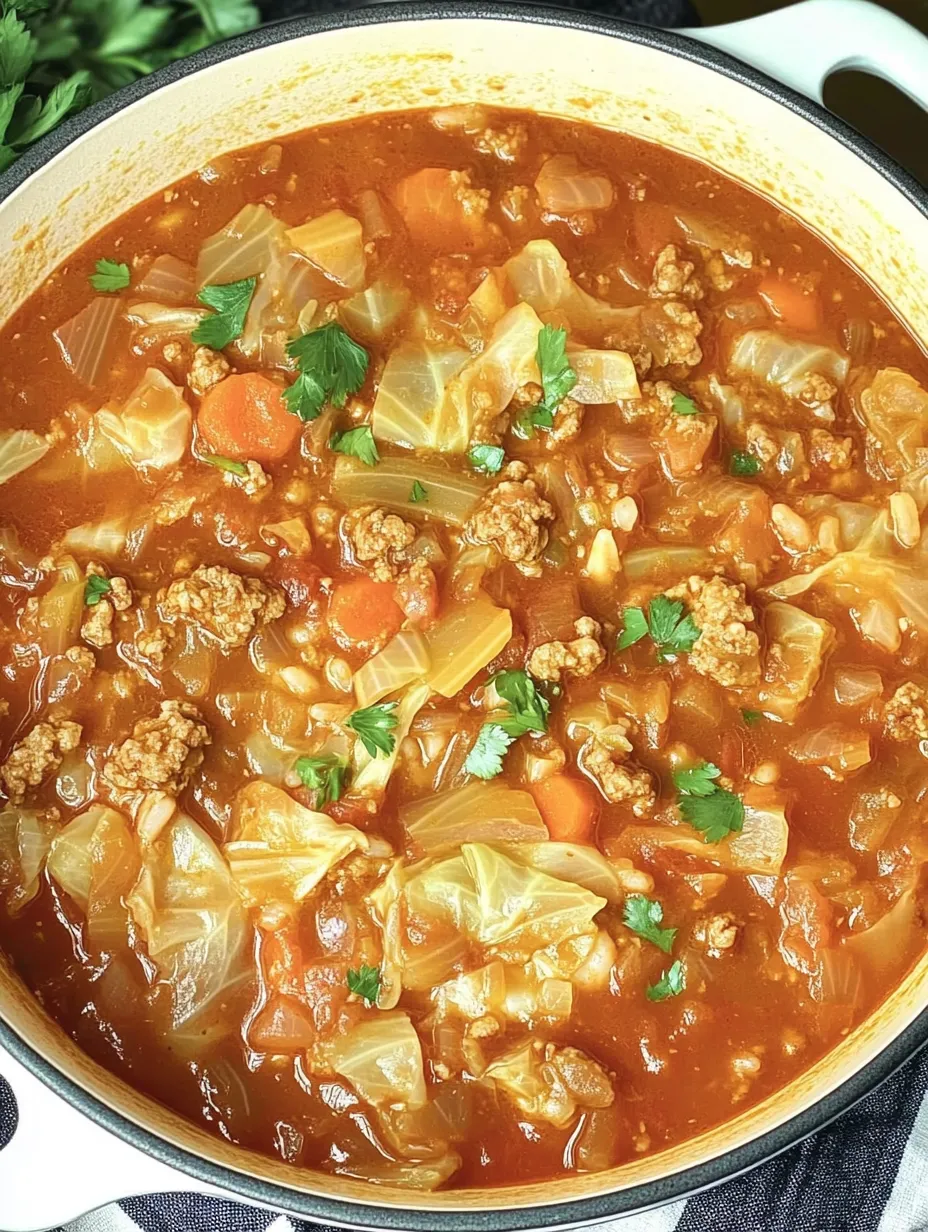 A bowl of cabbage roll soup.