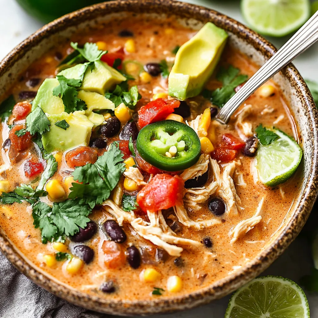 A bowl of creamy chicken taco soup.