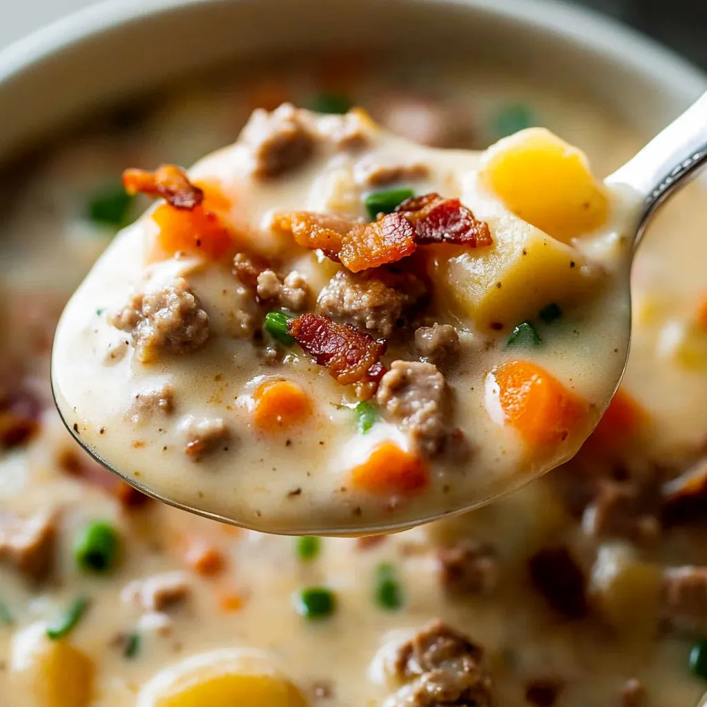 A spoon full of soup with bacon and carrots.