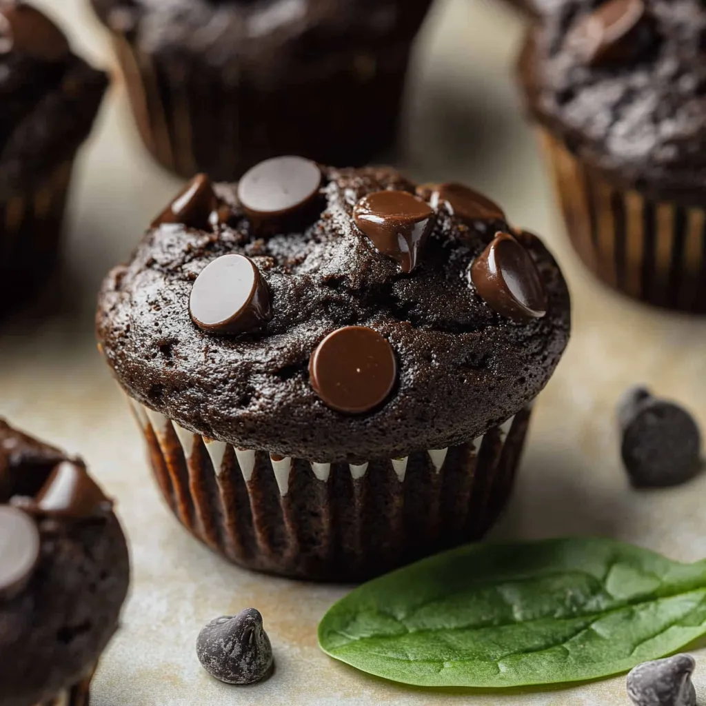 Chocolate spinach muffins with chocolate chips on top.