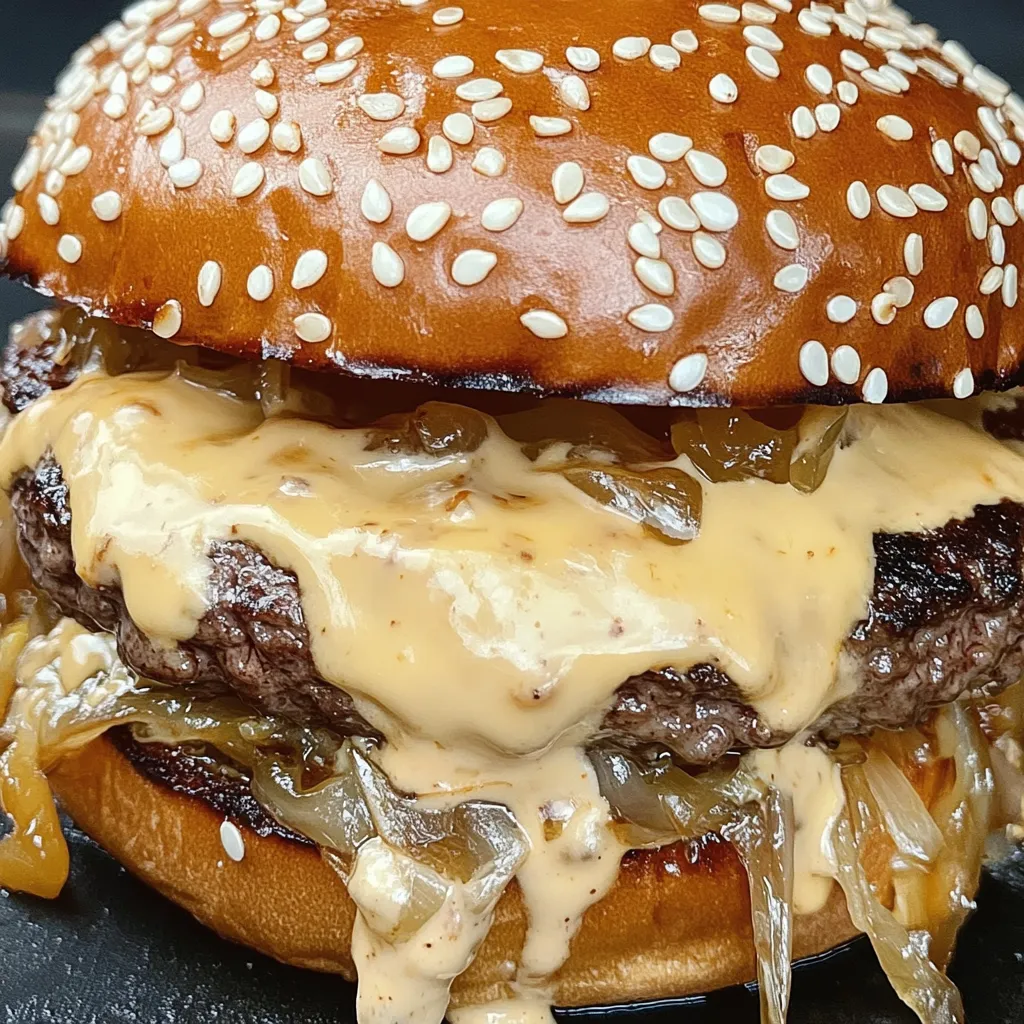 A close up of a smash burger with baconnaise sauce.