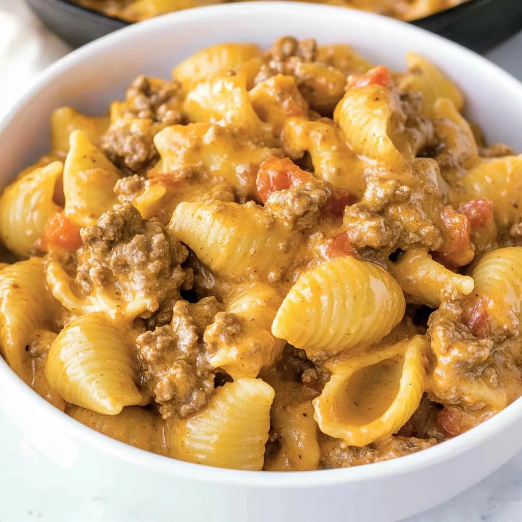 A bowl of pasta with meat and cheese.