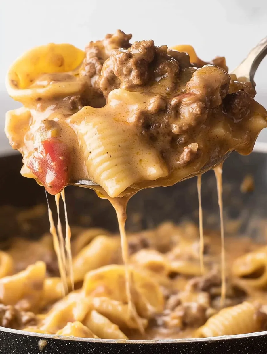 A close up of a spoon full of cheesy beef taco pasta.