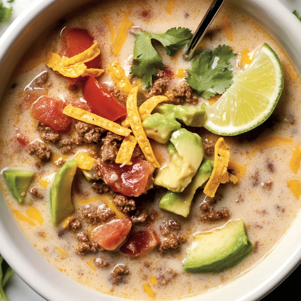 A bowl of creamy taco soup with chips and avocado.