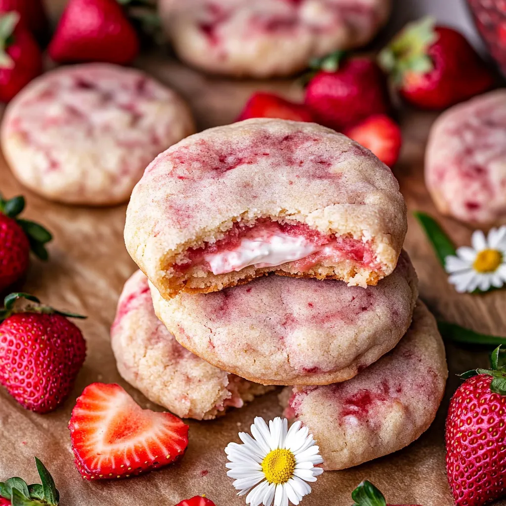 A close up of a strawberry cheesecake cookie.
