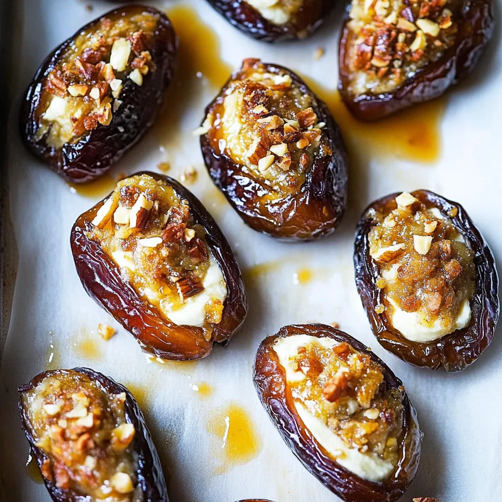 Dates stuffed with mascarpone and drizzled with maple syrup.