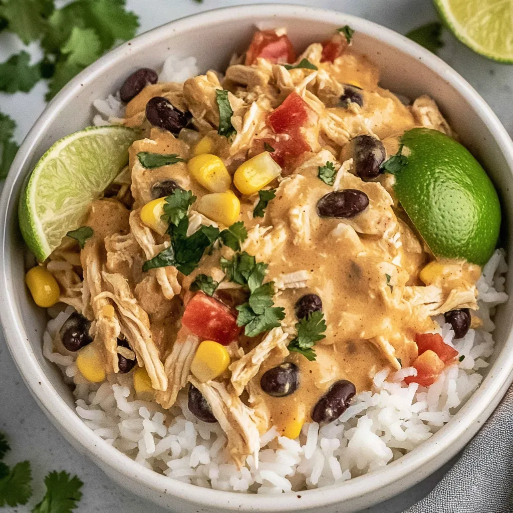 A bowl of rice and chicken with limes on the side.