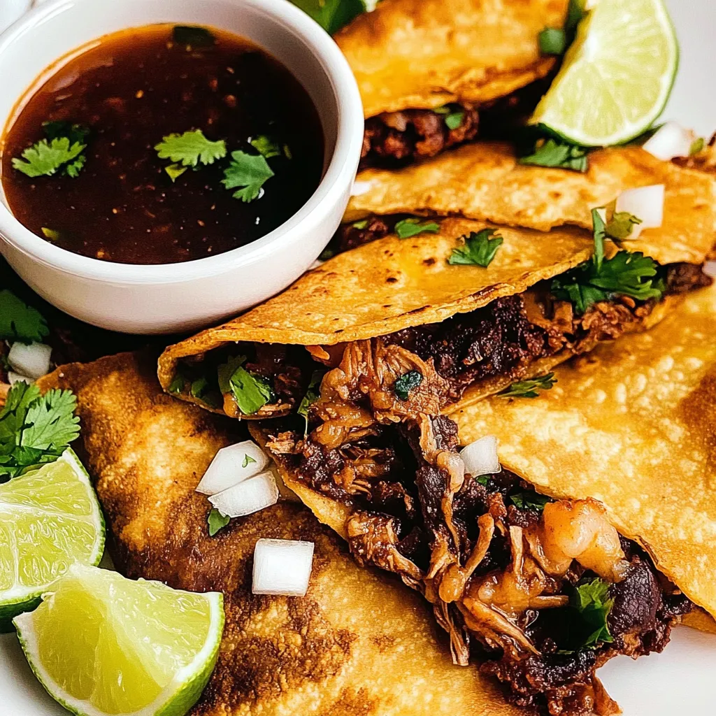 A plate of tacos with a bowl of sauce.