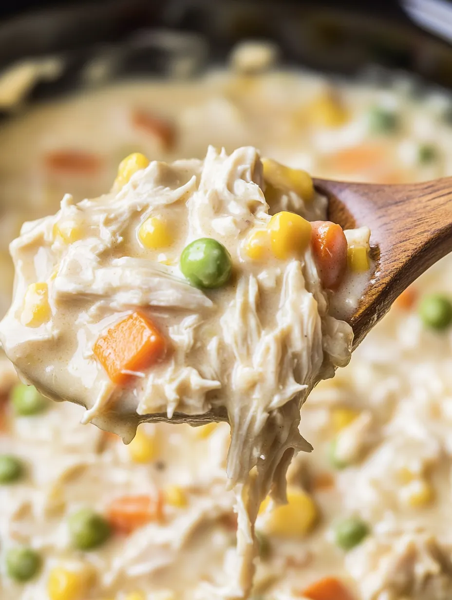 A wooden spoon is scooping up a piece of chicken pot pie.