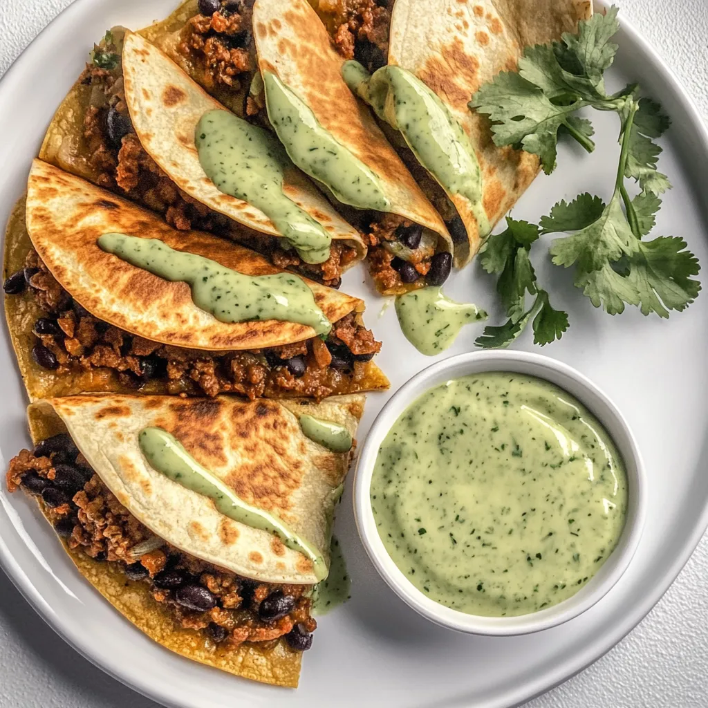 A plate of crispy baked ground turkey tacos with avocado sauce.