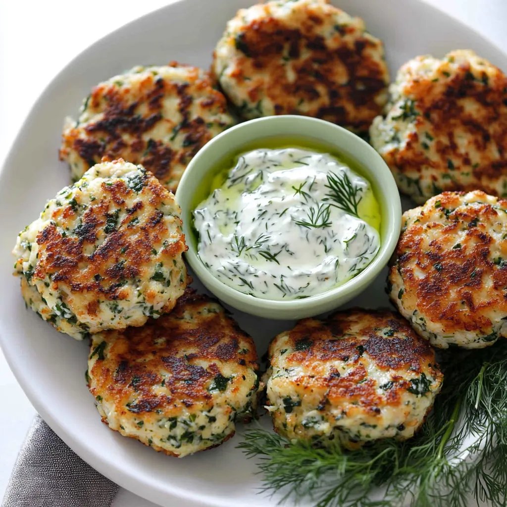 A plate of Greek turkey patties with a bowl of sauce.