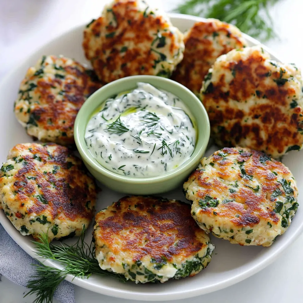 A plate of Greek turkey patties with a bowl of sauce.