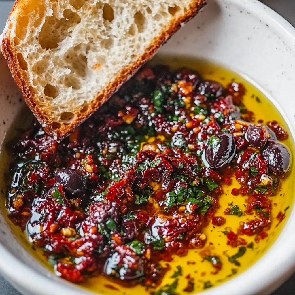 A bowl of Mediterranean olive oil dip with a slice of bread.