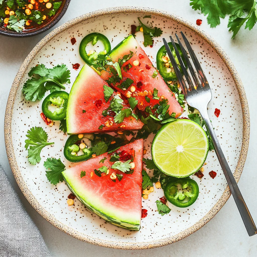 A plate of watermelon with cilantro and lime.