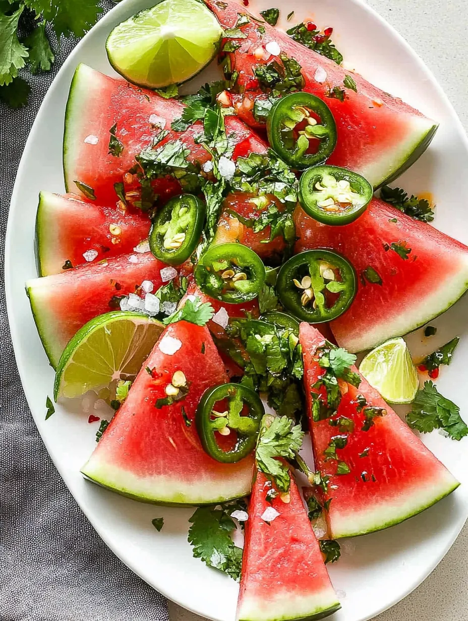 A plate of watermelon with jalapenos and cilantro.