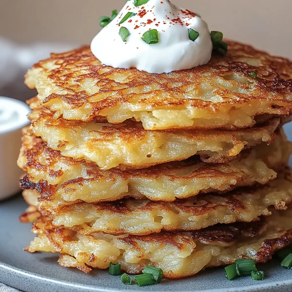 A stack of German potato pancakes with a dollop of sour cream on top.