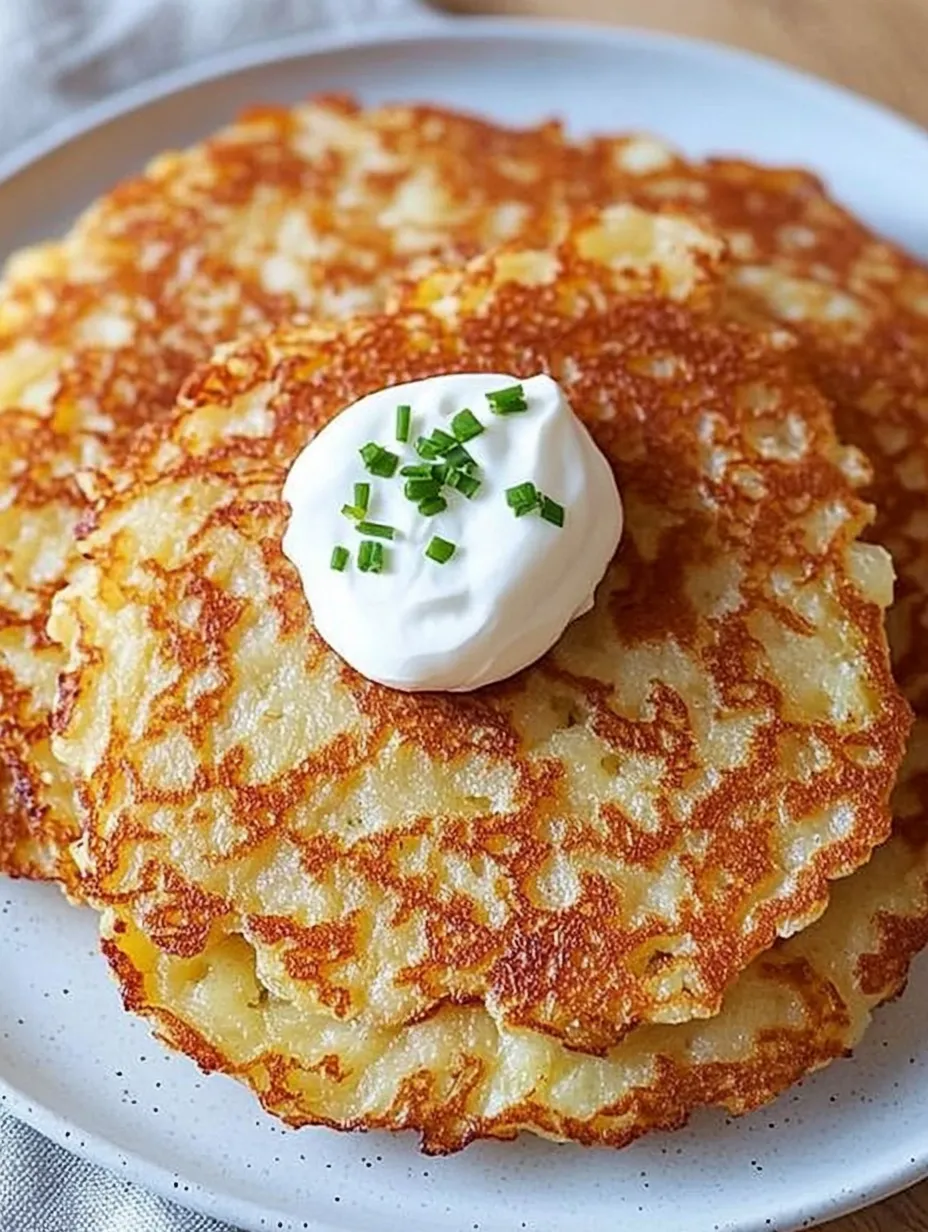 A stack of German potato pancakes with a dollop of sour cream on top.