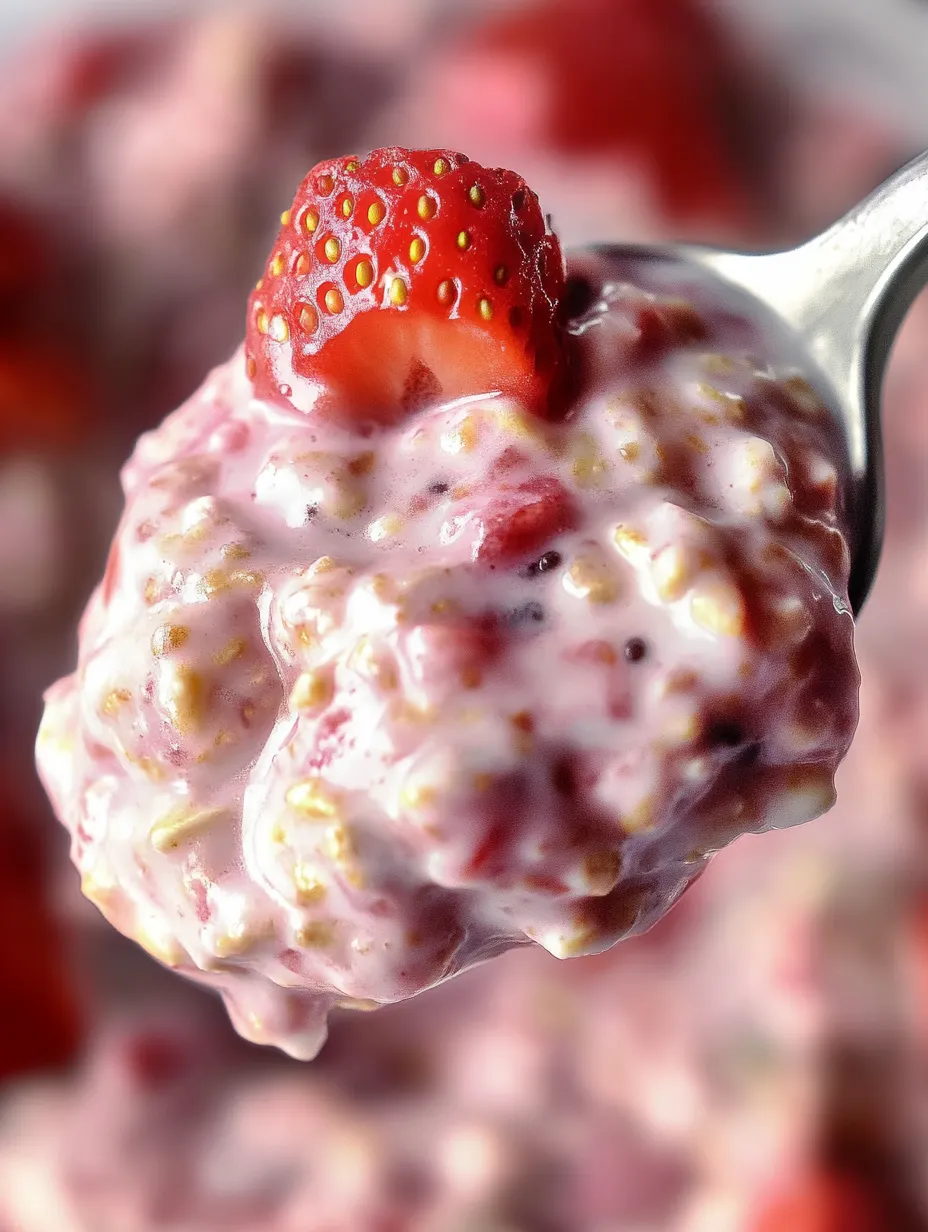 A spoonful of strawberries and cream overnight oats.