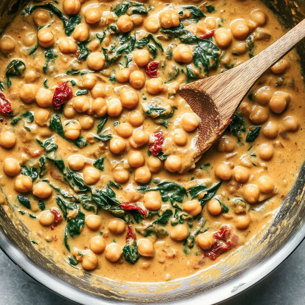 A bowl of chickpeas with a spoon in it.