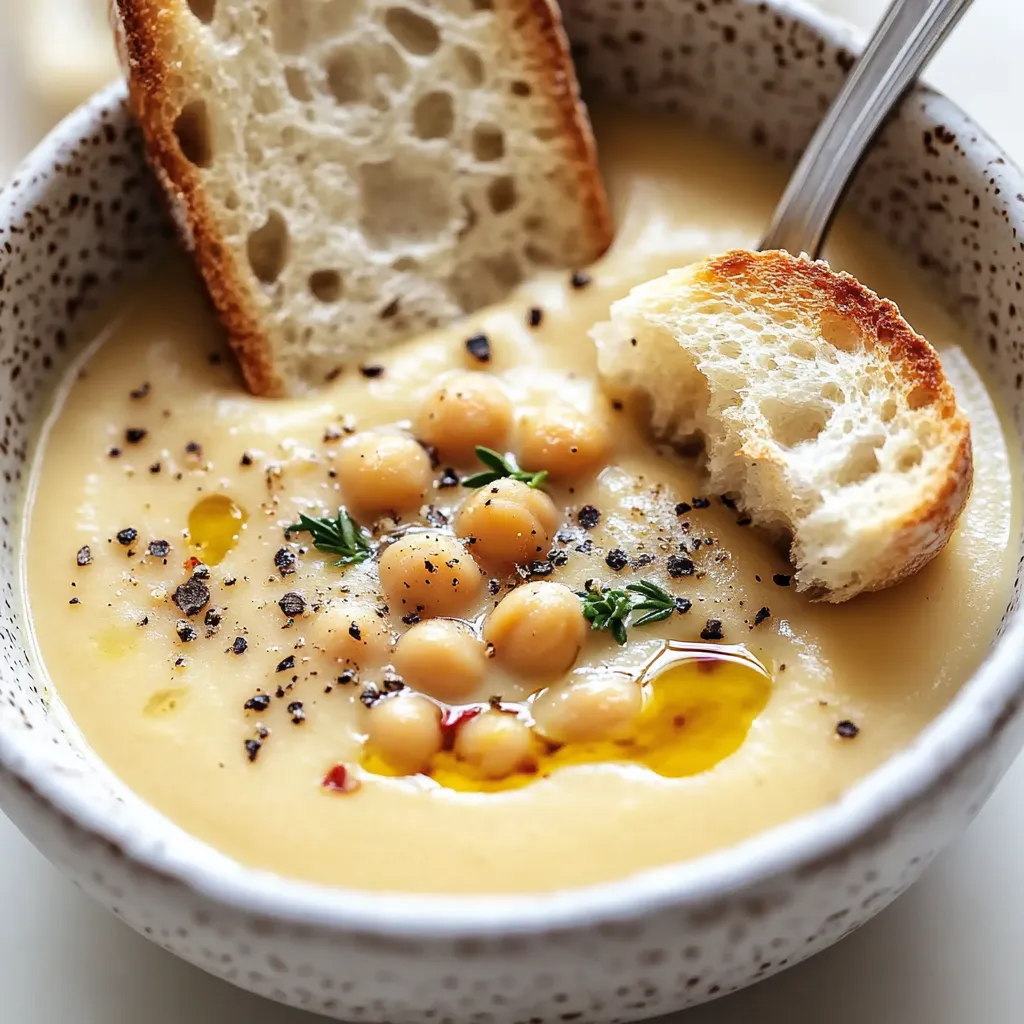 A bowl of soup with a piece of bread and a garlic chickpea soup.