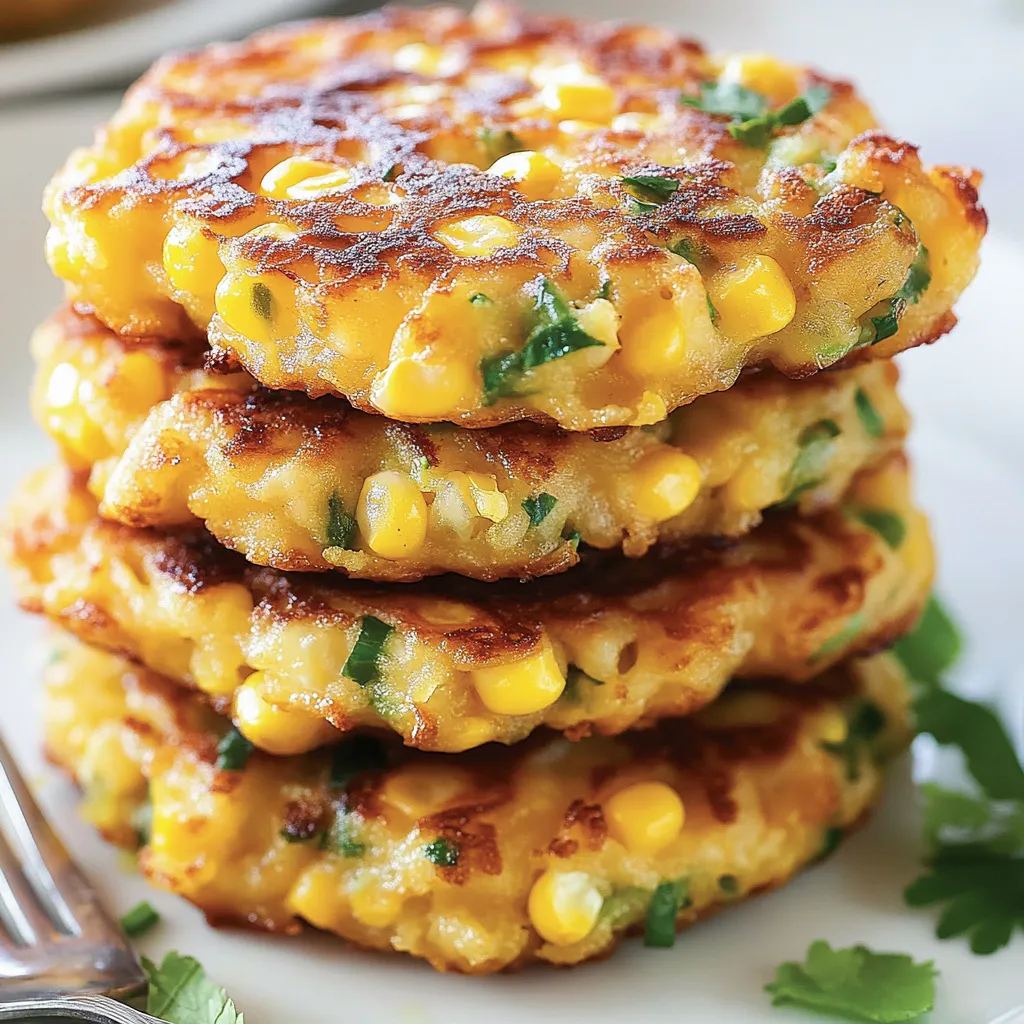 Cheesy corn fritters stacked on a white plate.