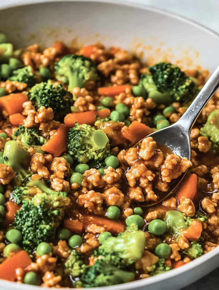 A bowl of food containing ground turkey, broccoli and peas.