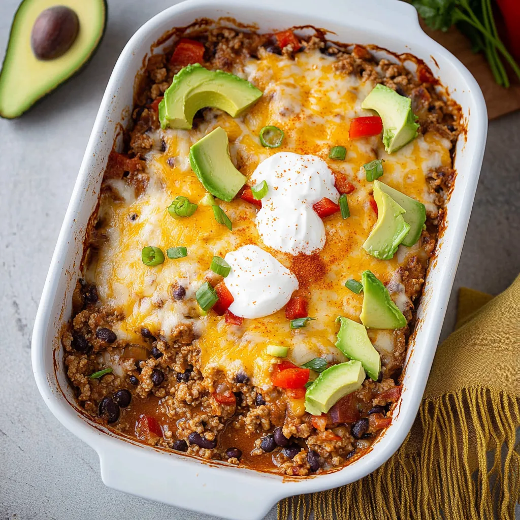 A white bowl filled with ground turkey taco casserole.