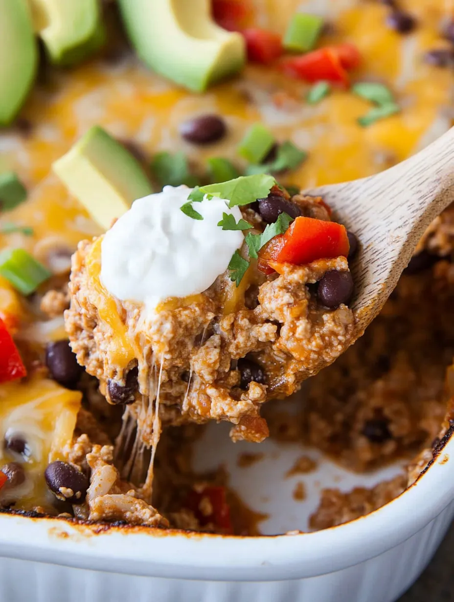 A spoon is in a bowl of ground turkey taco casserole.