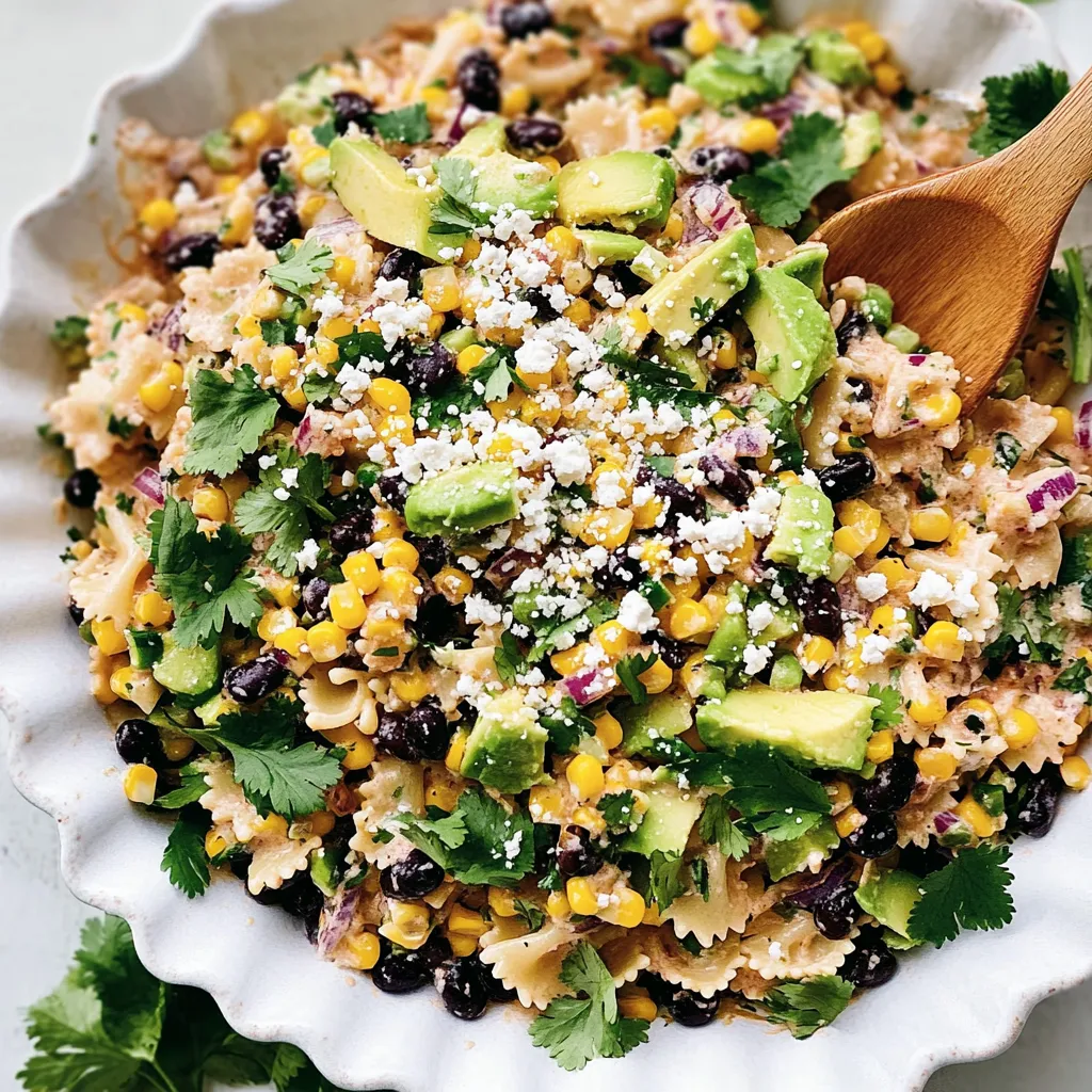 A bowl of Mexican street corn pasta salad.