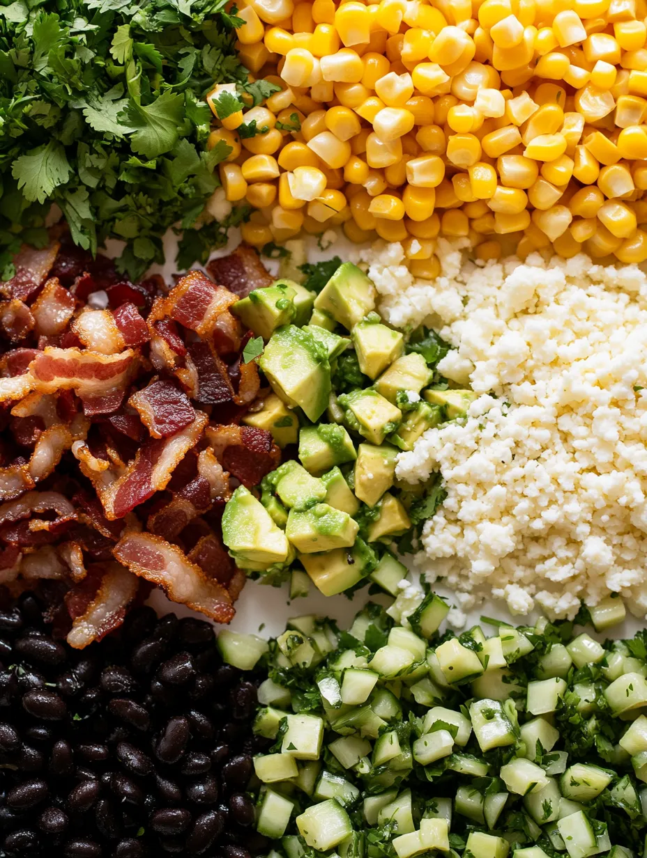 A variety of foods including corn, beans, and avocado are arranged on a table.