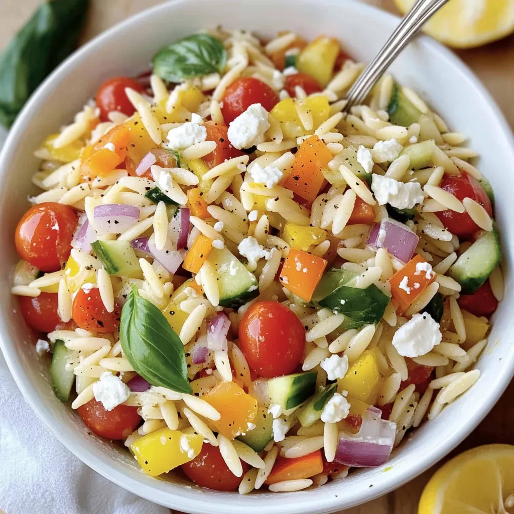 A bowl of Rainbow Orzo Salad.