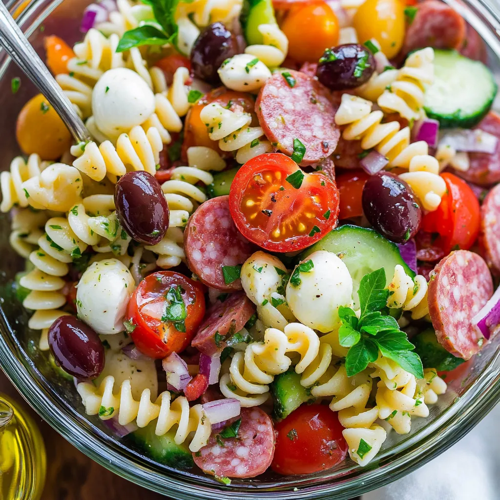 A bowl of Italian pasta salad with tomatoes, cucumbers, olives, and sausage.