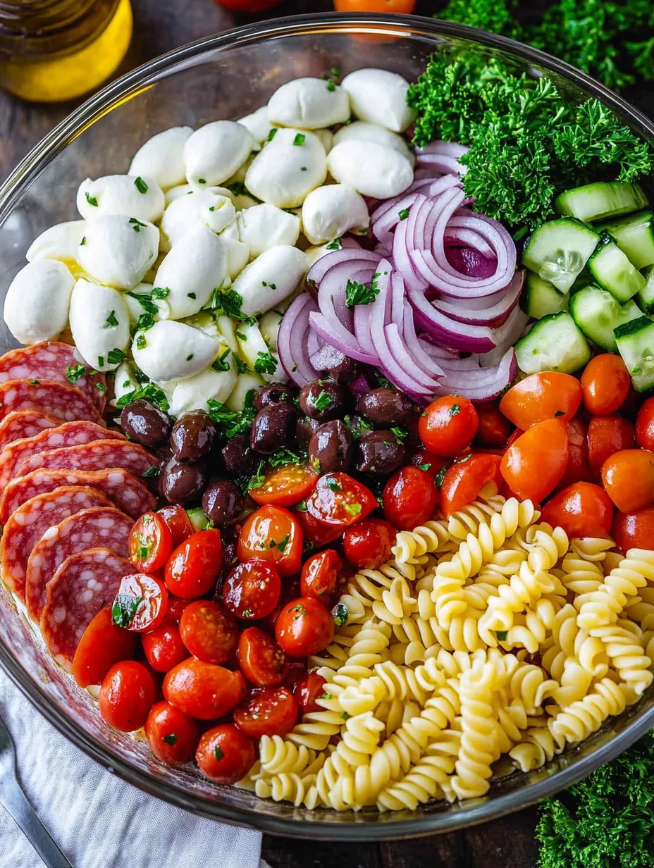 A bowl of Italian pasta salad with tomatoes, onions, and cheese.