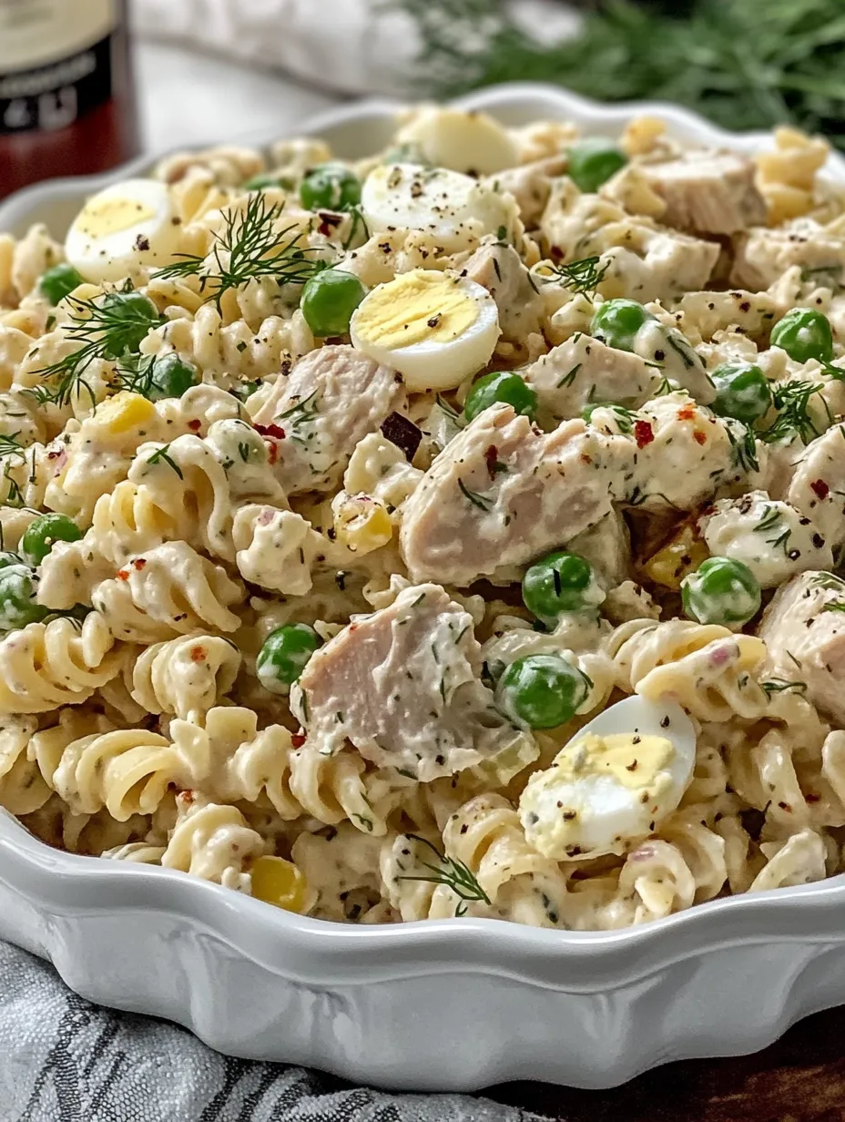 A bowl of pasta salad with tuna and peas.