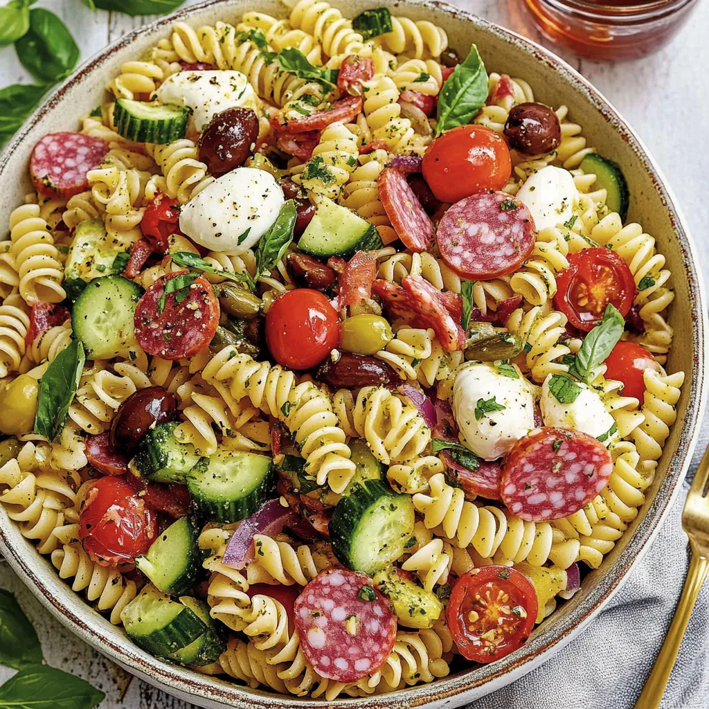 A bowl of Italian pasta salad.