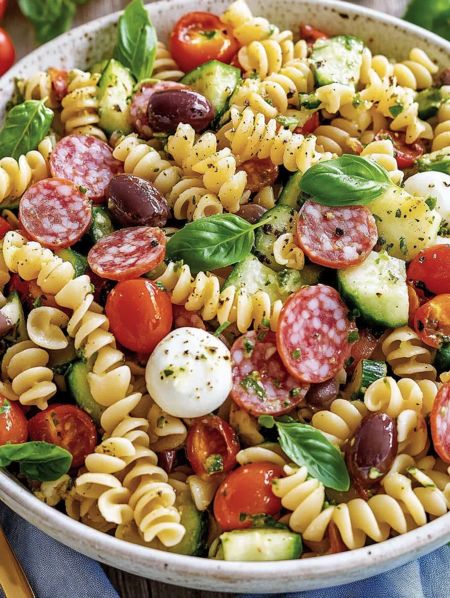 A bowl of Italian pasta salad.