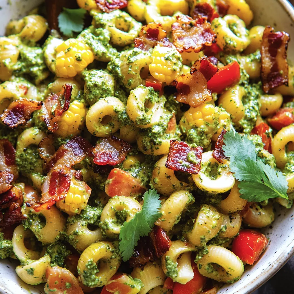 A bowl of pasta salad with bacon and creamy pesto dressing.