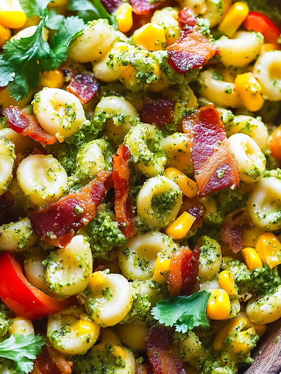 A bowl of pasta with bacon and green stuff.