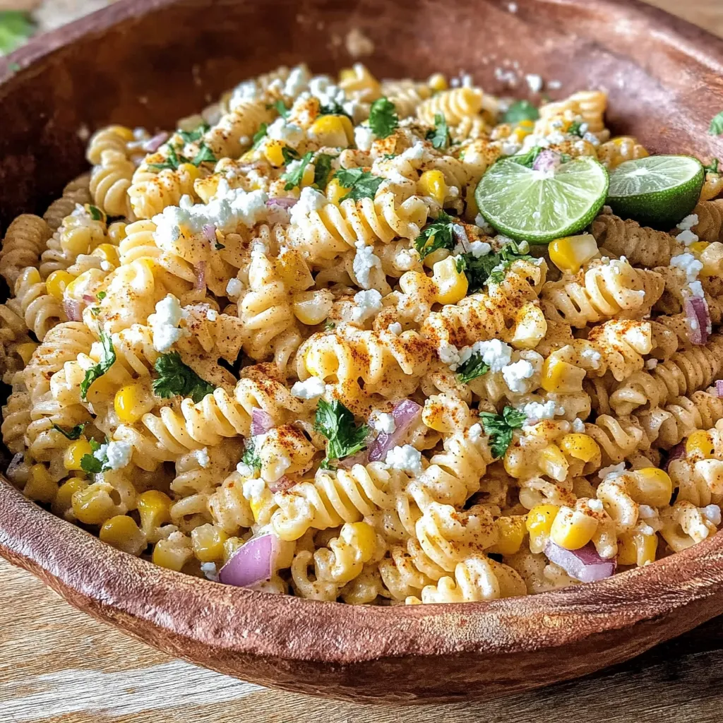 A bowl of pasta salad with corn and cheese.