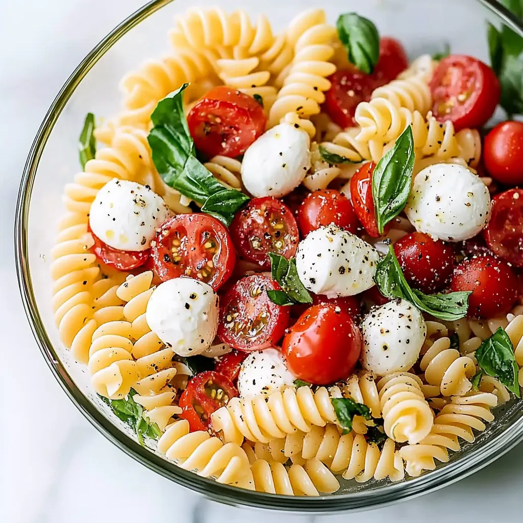 Ein Glas mit Pasta, Tomaten, Basilikum und Mozzarella.