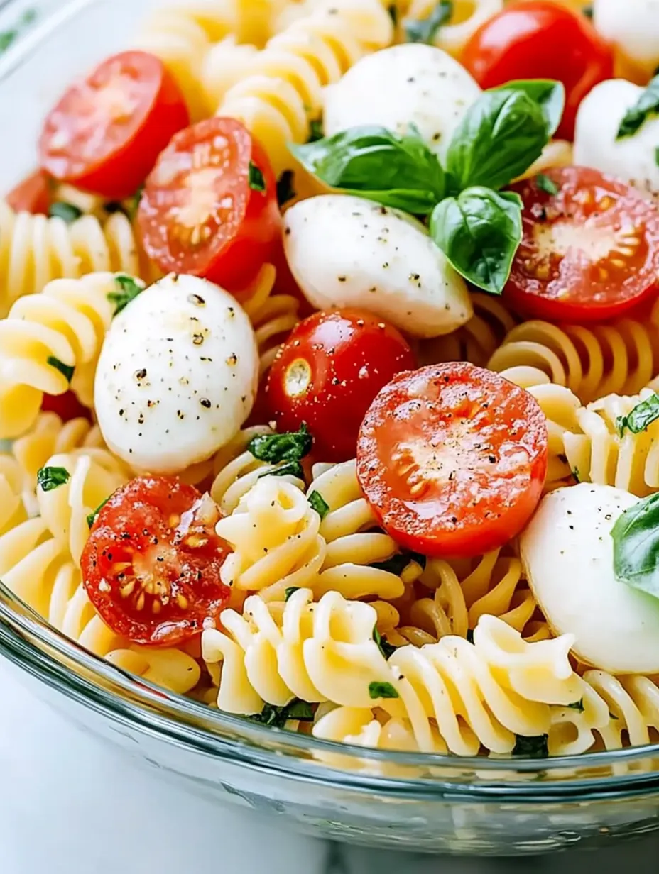 Ein Glas mit einer creamy Caprese Pasta Salad, die aus Pasta, Tomaten, Mozzarella und Basilikum besteht.