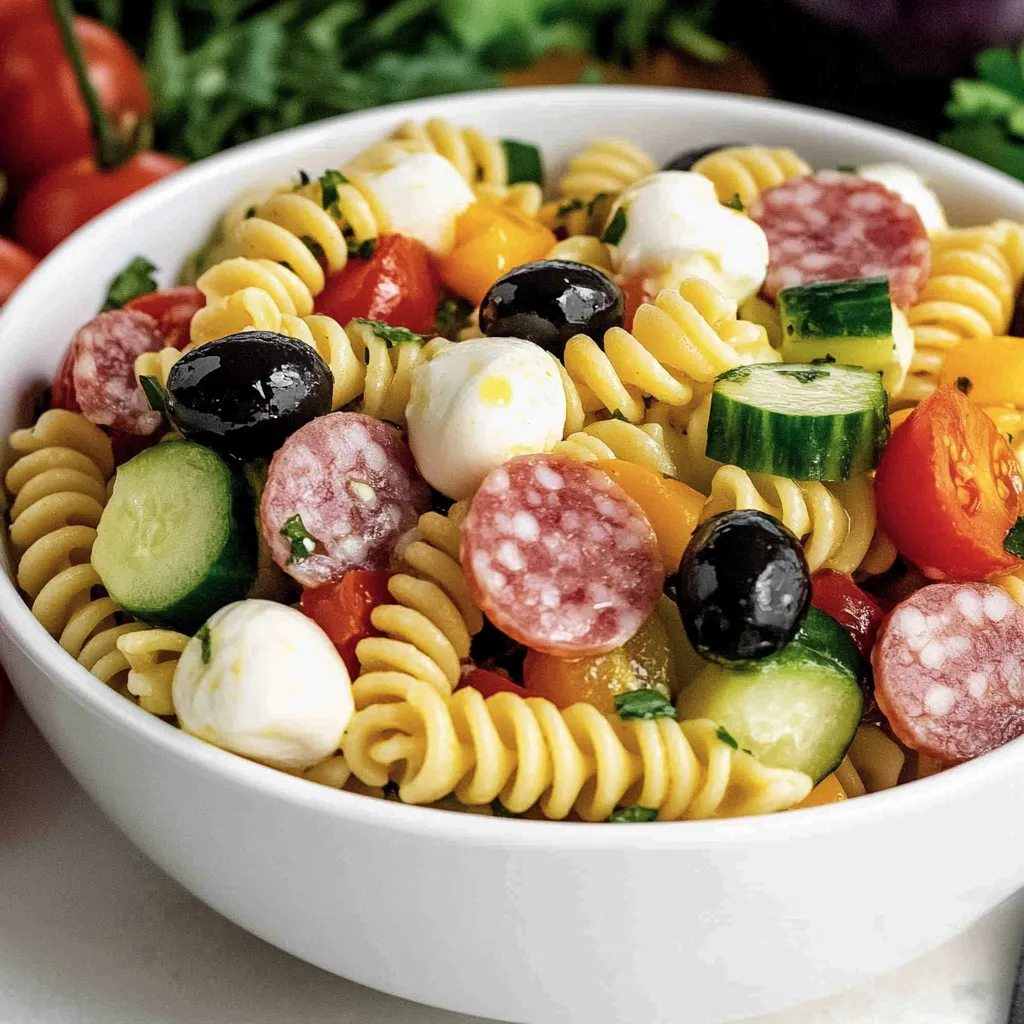 Ein weißer Becher mit einer Mischung aus Pasta, Tomaten, Zucchini, Oliven und Salami.