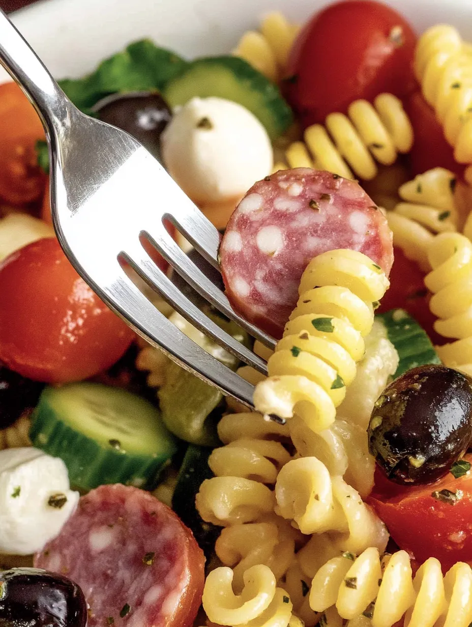 Eine prägnante Bildbeschreibung für das Bild "Best Italian Pasta Salad" lautet: "Ein Forking-Foto von einer Pasta-Salat mit Tomaten, Zwiebeln, Oliven und Käse.