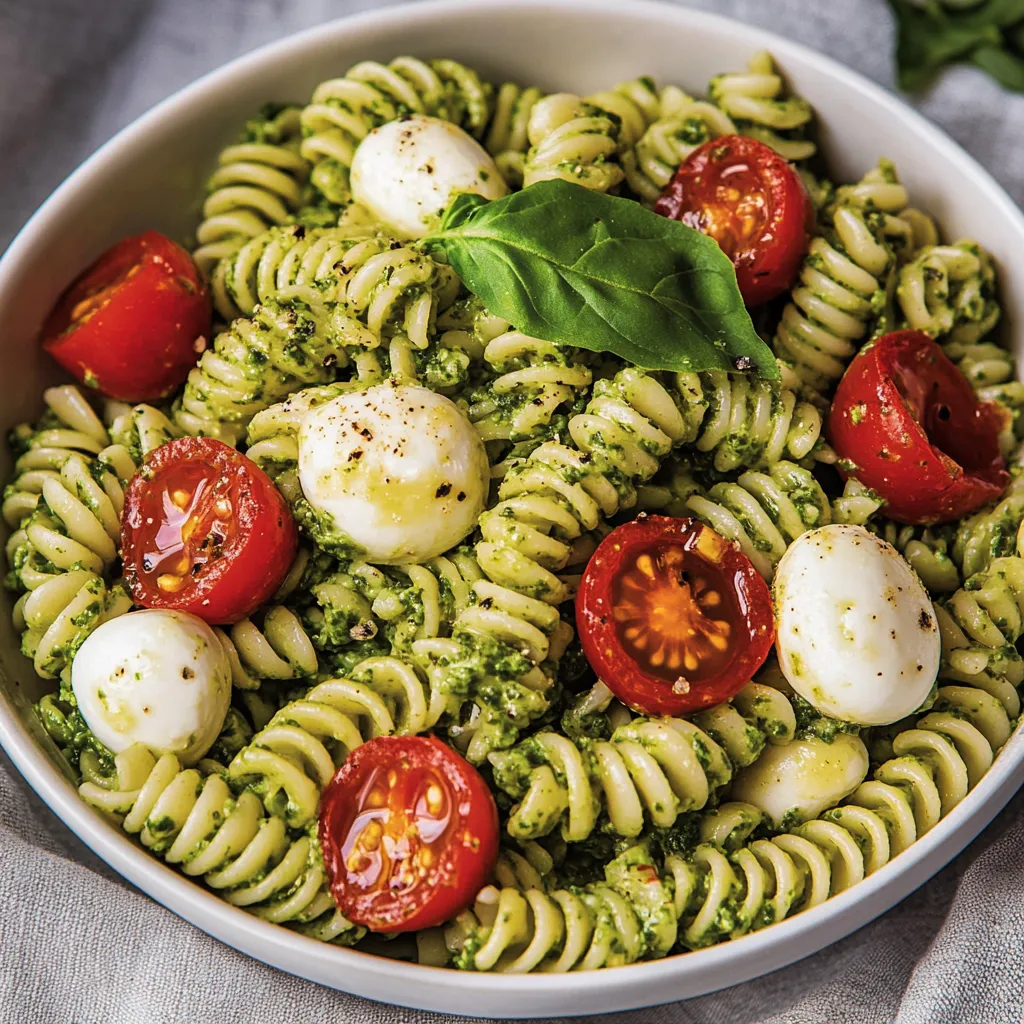 Ein weißer Teller mit Pasta, Tomaten, Eiern und Basilikum.