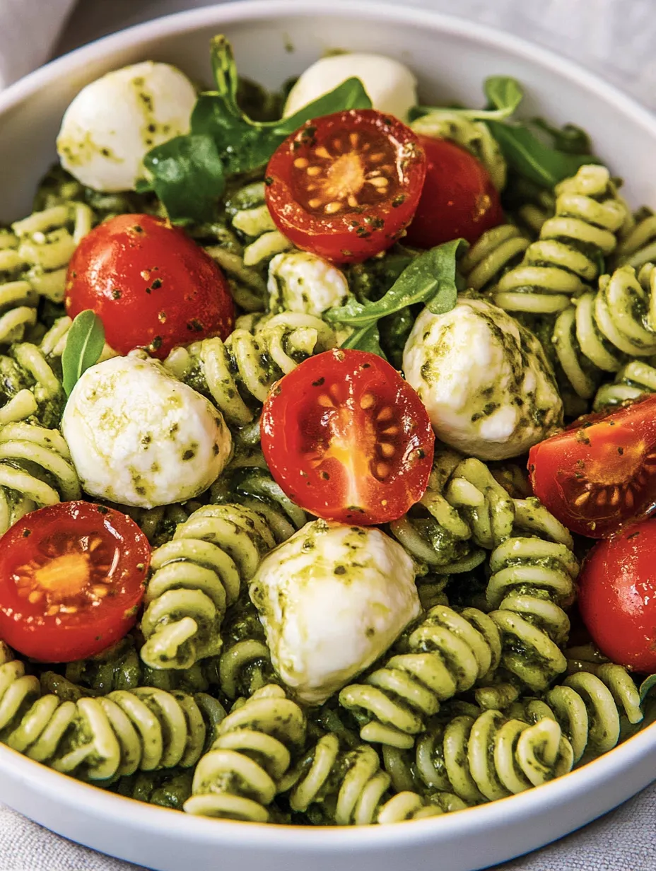 Ein Bild von einer Pasta-Salat mit Tomaten, Basilikum und Pesto.
