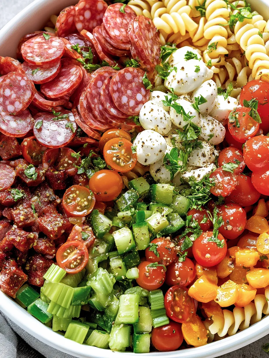 Ein großes, farbenfrohes Salat mit einer Vielzahl von Zutaten wie Tomaten, Zwiebeln, Basilikum, Käse, Pasta und Salami.