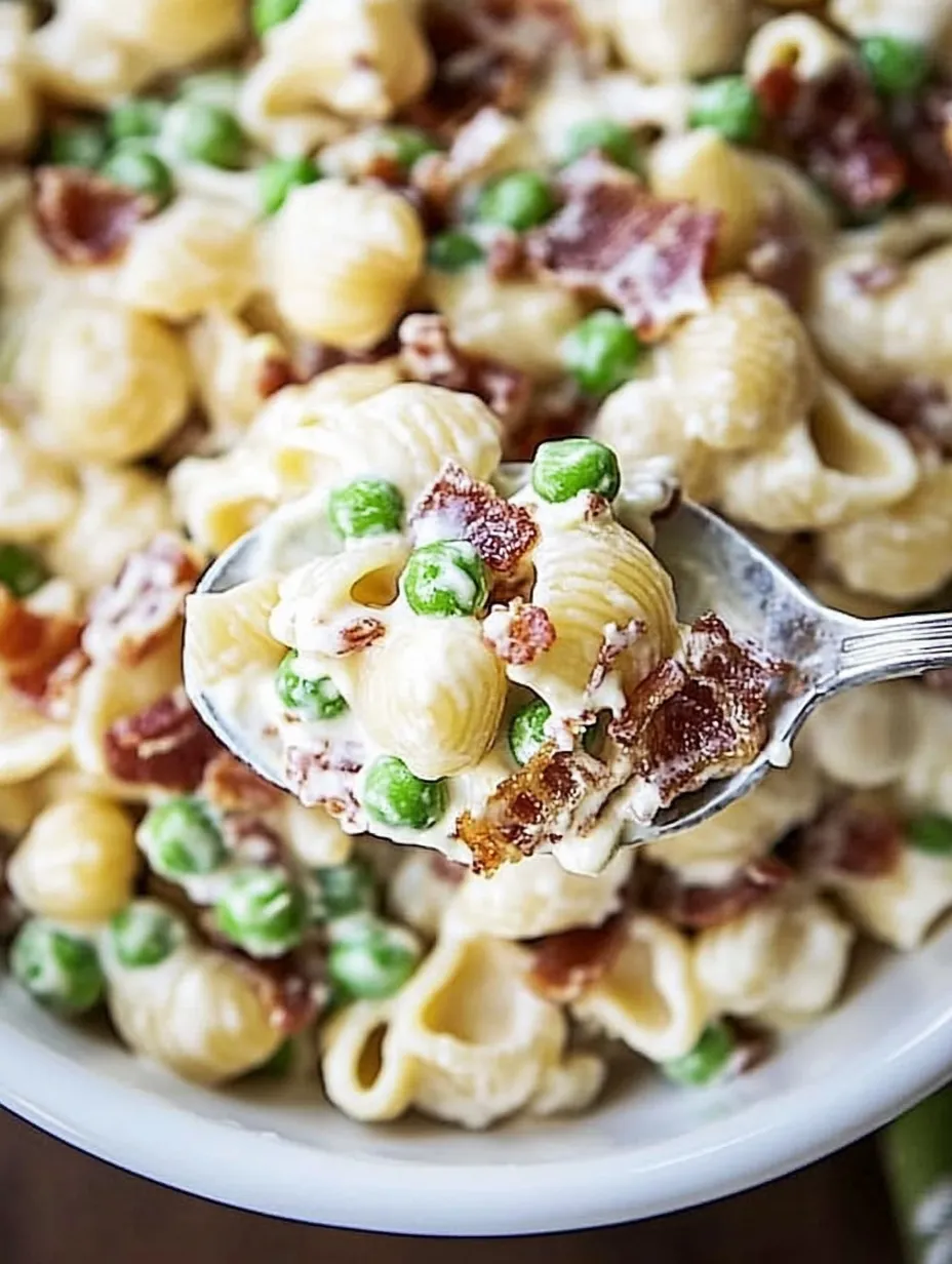 A spoonful of creamy pasta salad.