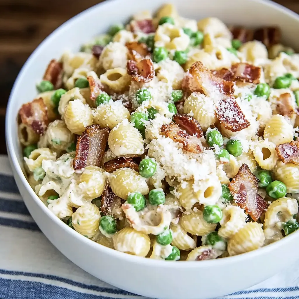 A bowl of creamy pasta salad with bacon and peas.
