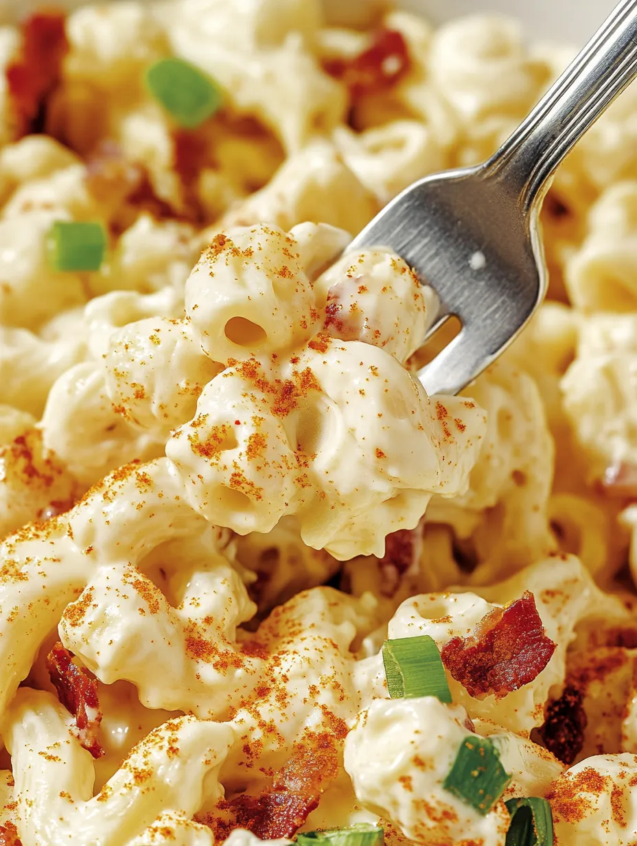 A fork is being used to eat creamy deviled egg pasta salad.